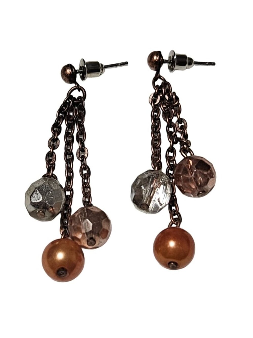 Vintage Y2K Chain Tassel Earrings Copper Tone Faceted Beads Retro 60s Fashion